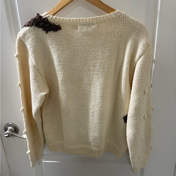Vintage Eagles Eye 100%!Cotton Hand Knit Squirrel Motif Pom Poms Sweater SZ L - Picture 2 of 6